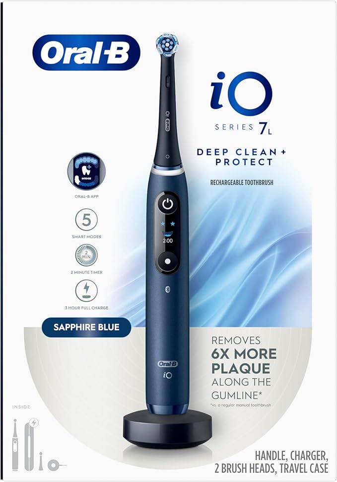 Oral-B iO Deep Clean + Protect Rechargeable Electric Toothbrush, Saphire Blue, iO Series 7, 2 Replacement Brush Heads, Charging Travel Case
