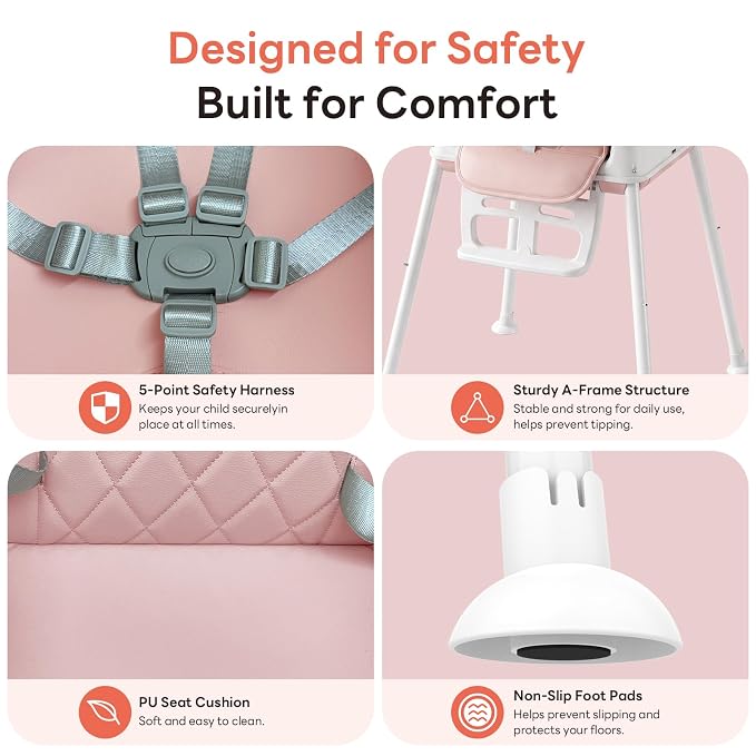 High Chair for Babies and Toddlers, 3-in-1 Convertible Baby High Chair, Built-in Leg Storage, Compact Pack-Away Design, Baby Eating Feeding Chair, Silla De Comer para Bebe, Pink