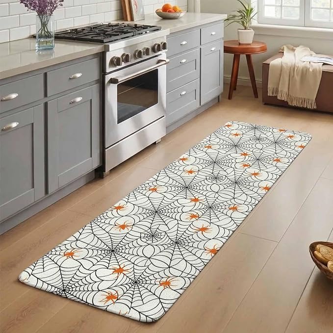 Halloween Bathroom Runner Rugs Non Slip Washable Absorbent Narrow Long Bath Mat Black Net Classic Spiders Gingham Orange Runner Rugs for Kitchen Hallway Bedroom Laundry Study Room 19.7"x63"