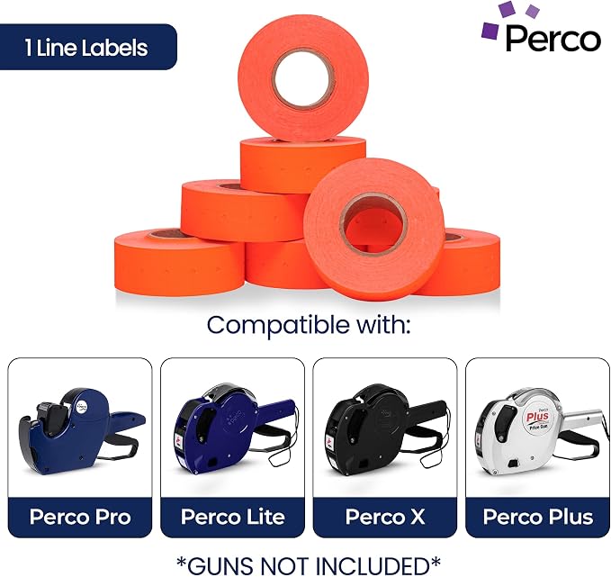 Perco 1 Line Fluorescent Red Labels - 8,000 Blank Price and Date Gun Labels for Perco Lite, X, Plus and Pro 1 Line Price and Date Guns- 8 Rolls, 1 Sleeve - Made in USA