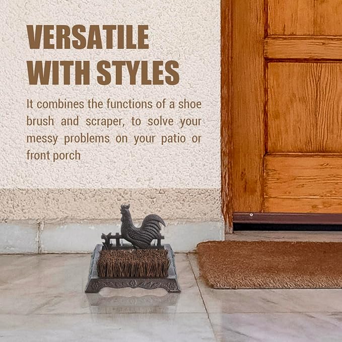 FARM IN Farmhouse Shoe Brush Scraper Outdoor Rustic Heavy Duty Cast Iron Boot Scraper with Brush for Home Porch Garden with Barn Rooster Design
