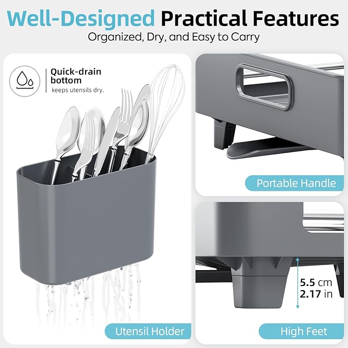 TOOLF Extendable Dish Drying Rack for Small Kitchen Counter, Gray | 12.8-20.35 in, Unique Stainless Steel Design, Auto-Drainage, Perfect for Small Kitchens & Busy Kitchens
