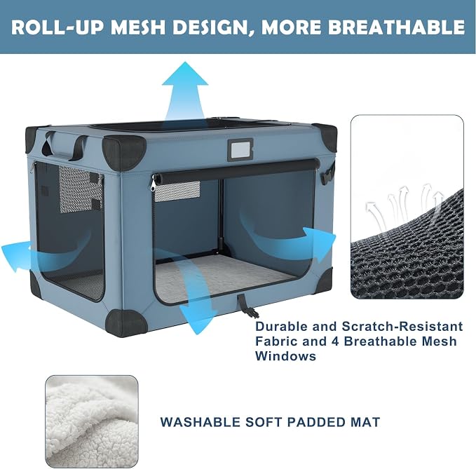 36 Inch Portable Travel Dog Crate Blue with Chew-Proof Mesh Window | Sturdy Frame,Soft Blanket and Foldable Bowl,Waterproof and Easy to Clean,for Camping,Signature card，Storage Bag，Mesh Windows