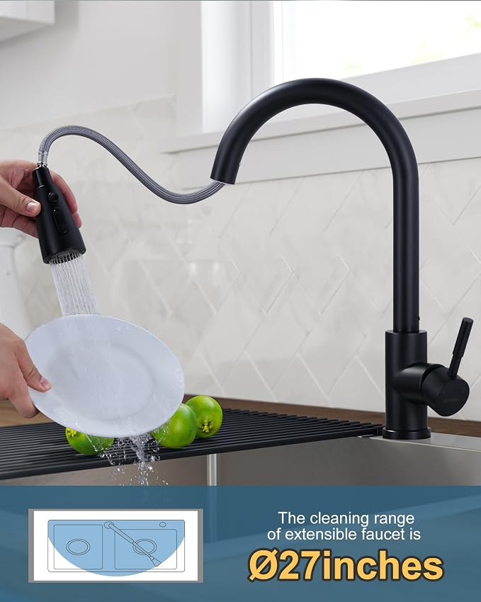 WOWOW Touchless Kitchen Faucet with Sprayer, Smart Motion Sensor Matte Black Kitchen Sink Faucet, Stainless Steel Kitchen Faucet for Sink 1 or 3 Hole Single Handle Kitchen Tap