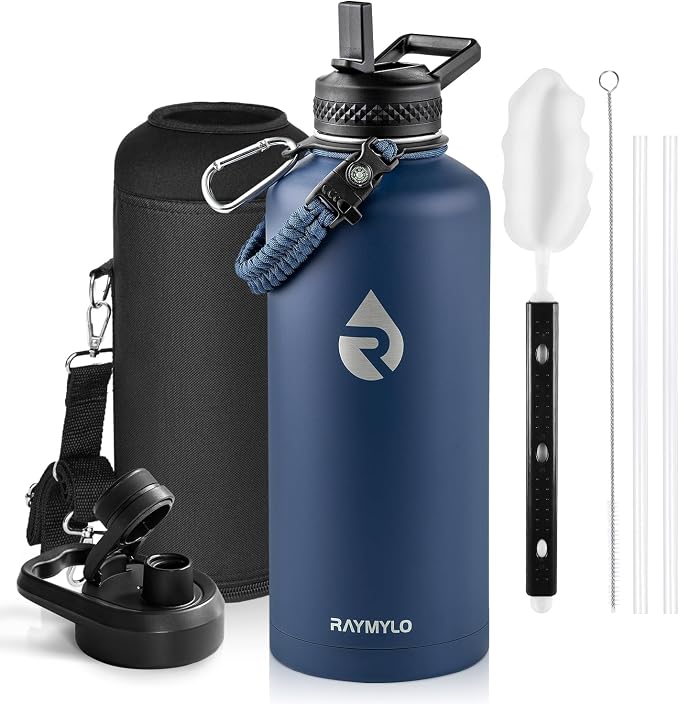 RAYMYLO Insulated Water Bottle 87 oz, Triple Wall Vacuum Stainless Steel (Cold for 48 Hrs), Leak Proof & Non-BPA, Modern Water Flask Jug with Paracord Handle & Straw Spout Lids, Navy Blue