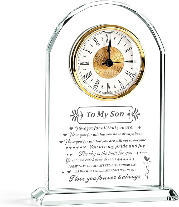 to My Son Gift from Mom or Dad, Birthday Graduation Christmas for Son Adult Present, Laser Engraving Glass Clock Gift (Battery not Included) (Son Gifts)