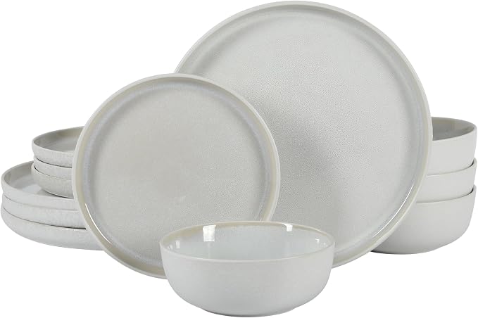 Gibson Elite Tahoe Sunset 12 Piece Stoneware Reactive Glaze (Service for 4) Ceramic Plates and Bowls Dinnerware Set - Cream White