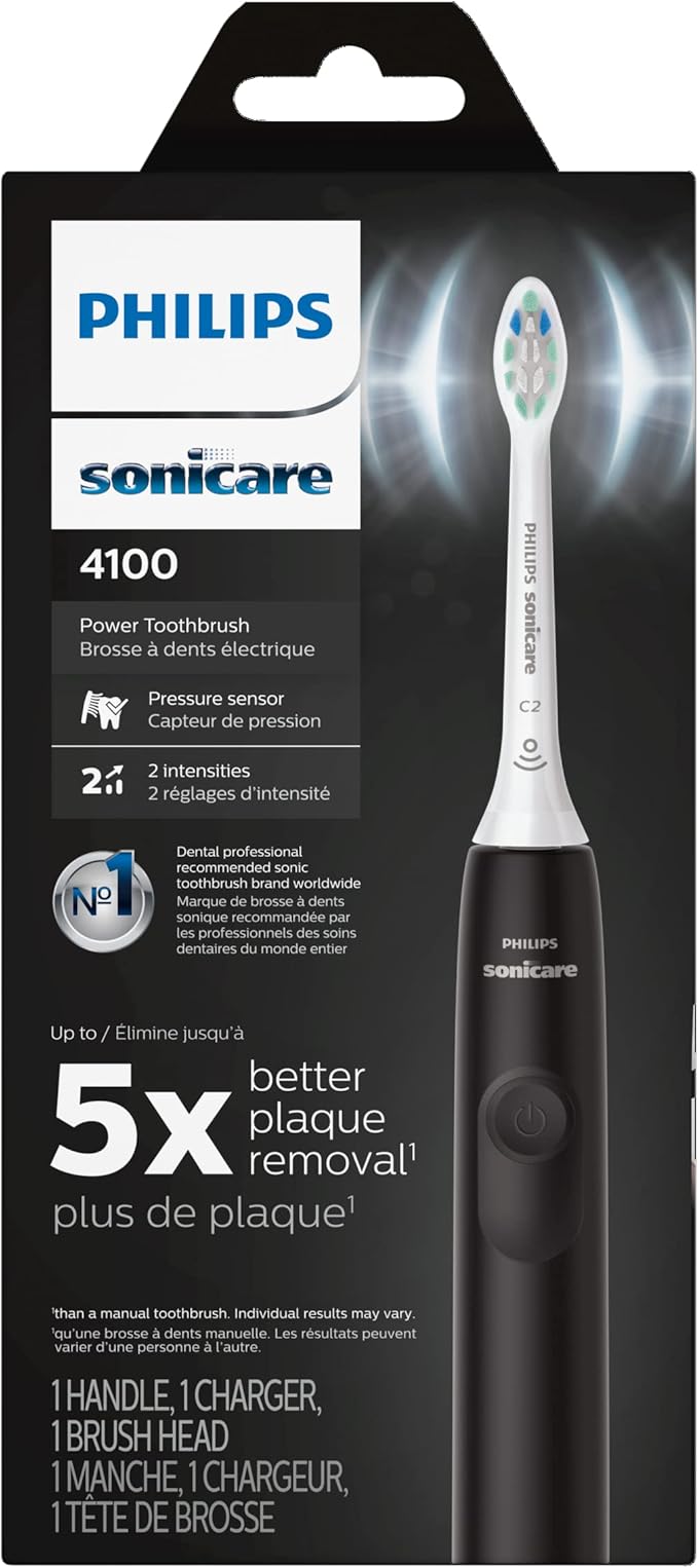Philips Sonicare 4100 Electric Rechargeable Power Toothbrush, Black, with Genuine Philips Sonicare Optimal Plaque Control Replacement Toothbrush Heads, White, 3 Pack