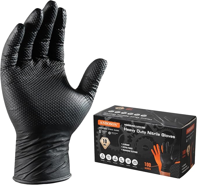 ANBOSON 10 Mil Heavy Duty Diamond Texture Nitrile Gloves, Large, 100 Ct | Textured Diamond Grip for Wet & Oily Surfaces, Puncture & Chemical Resistant, Powder-Free, Latex-Free