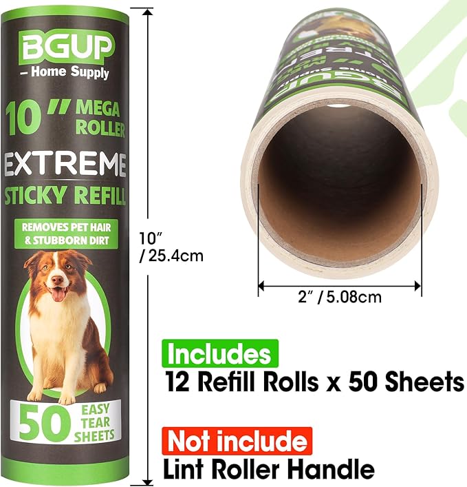 10 Inch Lint Roller Refills, 12 Rolls 600 Sheets Large Lint Rollers for Pet Hair Extra Sticky, Easily Remove Carpets, Clothes, Couch and Curtains Dust (Not Include Lint Roller Handle)