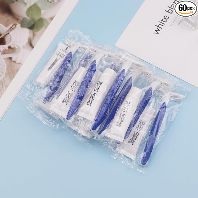 Disposable Razors in Bulk Pack of 60,Blue Disposable Shaving Razors Individual Wrapped Twin Blade Bulk Disposable Razors with Clear Cap and 10g Shaving Cream for Homeless,Hotel,Travel,Charity,Shelter