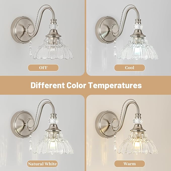 1 Piece Brushed Nickel Finish Wall Sconce, 1-Light Modern Wall Sconce with Hanging Crystal Accents and Flower-Shaped Clear Shades for Bathroom Bedroom Living Room,Modern Vanity Light