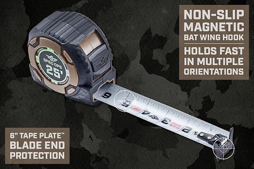 Spec Ops Tools 25-Foot Elite Series Magnetic Tape Measure, 1 1/4" Double-Sided Blade, 12 Feet of Stand Out, Military-Grade Composite Case, 3% Donated to Veterans
