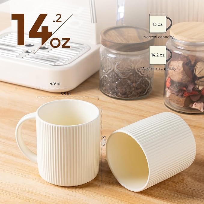 theterra Ceramic Coffee Mugs Set of 4, 14.2oz Handmade Coffee Cups with Handle for Latte, Tea, Milk, Beer, Hot Cocoa, Beige