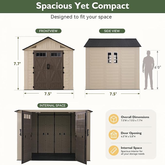 Aoxun 8x8 Ft Outdoor Storage Shed with Floor, Large Resin Outdoor Shed with Lockable Door & Windows, Garden HDPE Sheds for Lawn Tools, Pool Supplies & Bikes