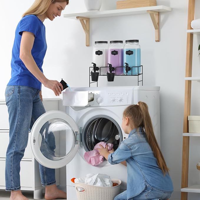 Liquid Laundry Detergent Dispenser, Three 2.2L Laundry Detergent Dispenser Glass Jar for Liquid Detergent, Fabric Softener- Laundry Soap Dispenser for Laundry Room Organization