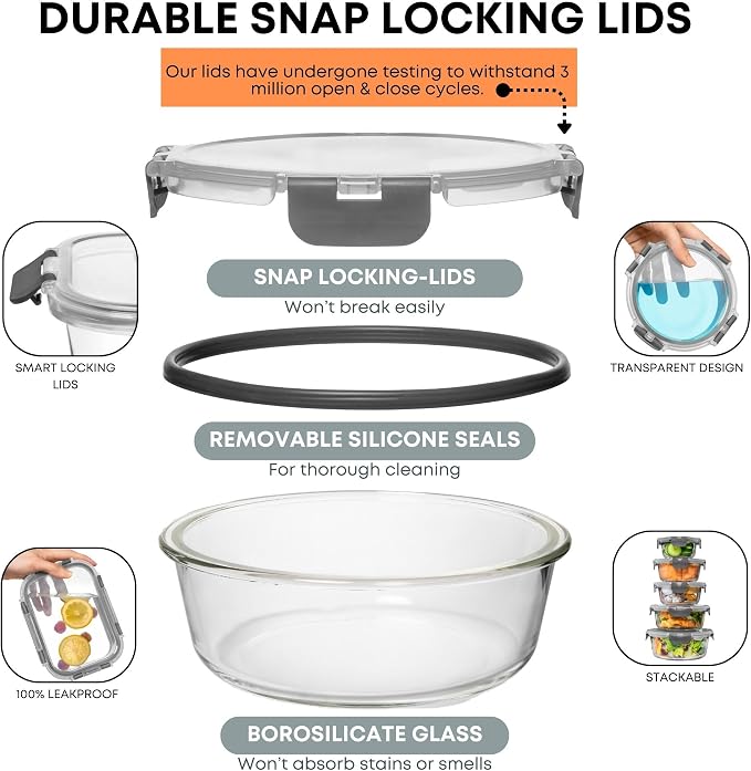 Razab 30 PC Glass Food Storage Containers with Lids - Reusable Glass Meal Prep Containers for Lunch and Leftovers - Airtight & Leakproof Snap Locking Lids - Oven, Freezer, Microwave & Dishwasher Safe