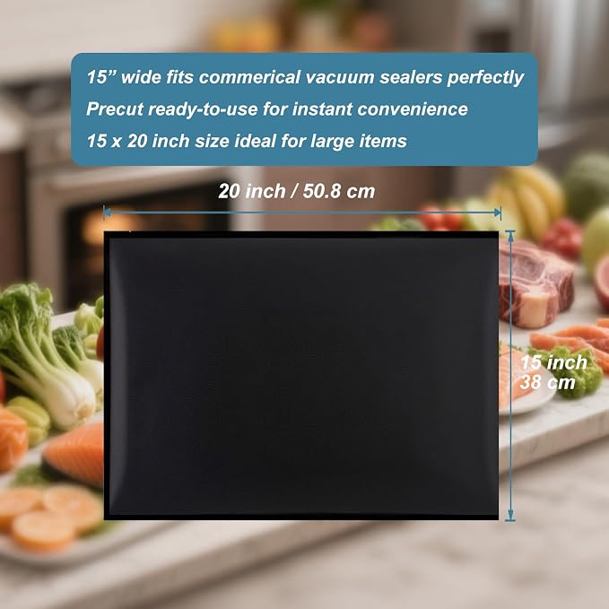 All Black Vacuum Sealer Bags 15" x 20", 5.5 Mil Precut Vacuum Seal Bags for Food Storage, Sous Vide, and Meal Prep, Heavy Duty Commercial Grade, 50 Count