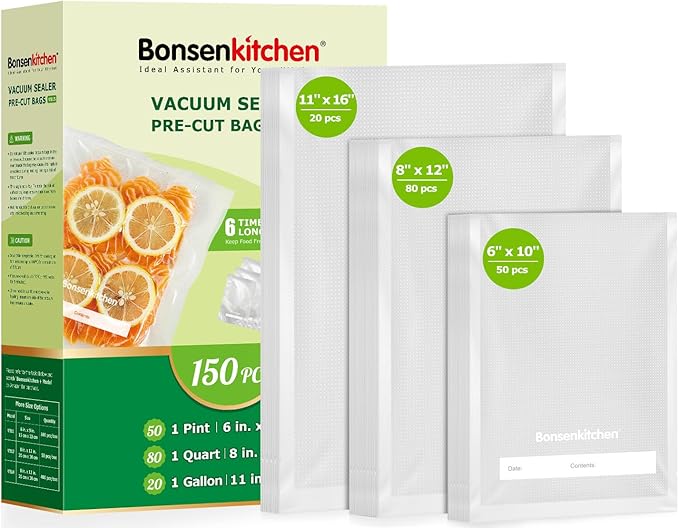 Bonsenkitchen Vacuum Sealer Bags, Commercial Grade, BPA Free | 20 Gallon 11" x 16"+ 80 Quart 8" x 12"+ 50 Pint 6" x 10", Food Sealer Bags for Vac Storage, Meal Prep or Sous Vide Cooking