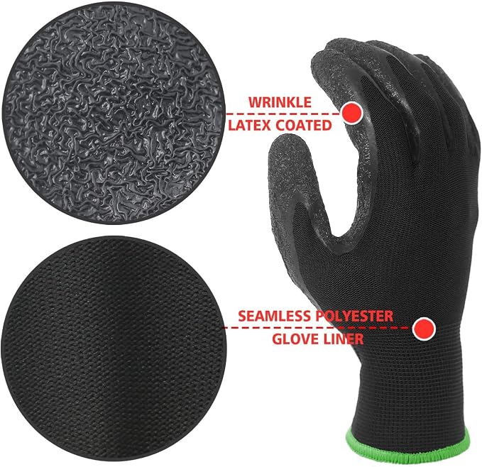 Evridwear Crinkle Latex Rubber Hand Coated Safety Work Gloves for Men Women General Multi Use Construction Warehouse Gardening Assembly Landscaping,Black X-Large 12 Pairs Pack