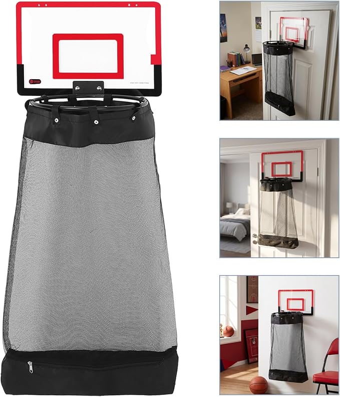 Basketball Hoop Laundry Basket with Rounded Mouth and Smooth Edges, Easy Installation with Zipper and Universal Hooks, Plastic Mesh Material the Door Clothes Hamper for Home