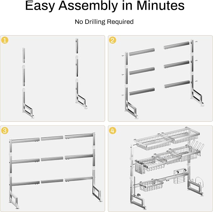 ADBIU Luxurious 304 Stainless Steel Over Sink Dish Drying Rack (Suitable for Sink Length 26.3"- 37.4") Snap-On Design 2 Tier Large Kitchen Dish Rack Stainless Steel Counter Organization and Storage