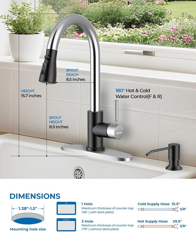 WEWE Kitchen Faucet with Soap Dispenser and Pull Down Sprayer, RV Single Handle Classic 3 Modes Stainless Steel Faucet for Kitchen Sink, RV, Black and Polished Chrome