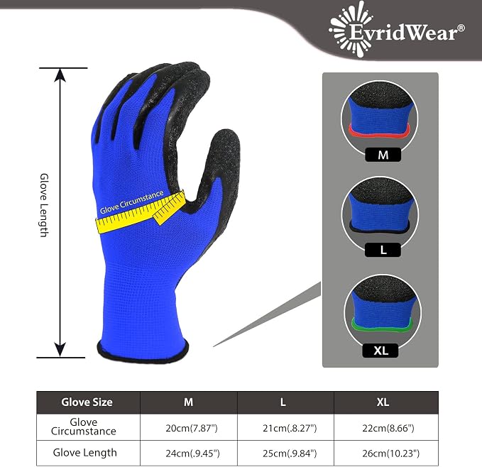Evridwear Crinkle Latex Rubber Hand Coated Safety Work Gloves for Men Women General Multi Use Construction Warehouse Gardening Assembly Landscaping (Large,Blue- 12 Pairs)