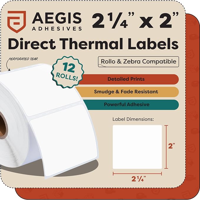 Aegis Adhesives - 2.25" X 2" Square Direct Thermal Labels (8400 Count, 12 Rolls) - QR Code Stickers, Address Tags, Barcode Labels, Product Packaging - Compatible with Zebra and Rollo Printers