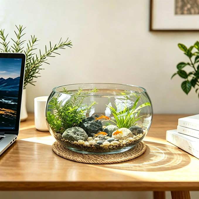 10" Large Glass Lotus Bowl Planter with Rattan Mat Round Clear Glass Water Lily Flower Pot Indoor Hydroponic Aquatic Plant Bonsai Vase Can As a Fish Tank