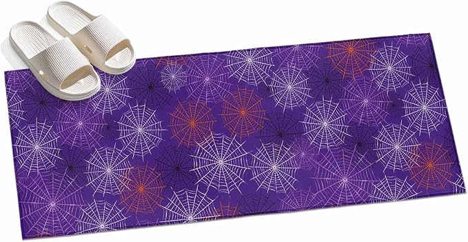 Hallway Runner Rug 2'x6', Purple Halloween Washable Bathroom Area Rugs for Kitchen Bedroom Laundry, Red Black White Net Halloween Non Slip Door Mat Indoor Entrance Floor Throw Bedsides Carpet