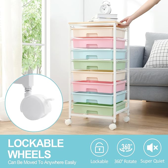 SYKIARIOL Rolling Storage Cart with Drawers,Utility Cart With 8 Drawers and Wooden Tabletop,Rolling Drawer Cart,Storage Drawer Cart for Living Room,Classroom,Bedroom,Bathroom,Dorm,Office,Rainbow