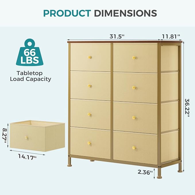 OLIXIS 8 Drawer Storage Dresser with Wood Top - Wide Fabric Chest Organizer for Bedroom, Closet, Living Room,Tower Cabinet, TV Stand, Hallway Entryway Furniture,Khaki