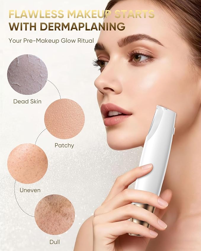 Dermaplane Razor for Women Face: Sonic Dermaplaning Tool for Silky Skin | Painless Electric Facial Exfoliation & Peach Fuzz Hair Removal with LED Light, 3 Speeds, Non-Irritating, 8 Blades (White)