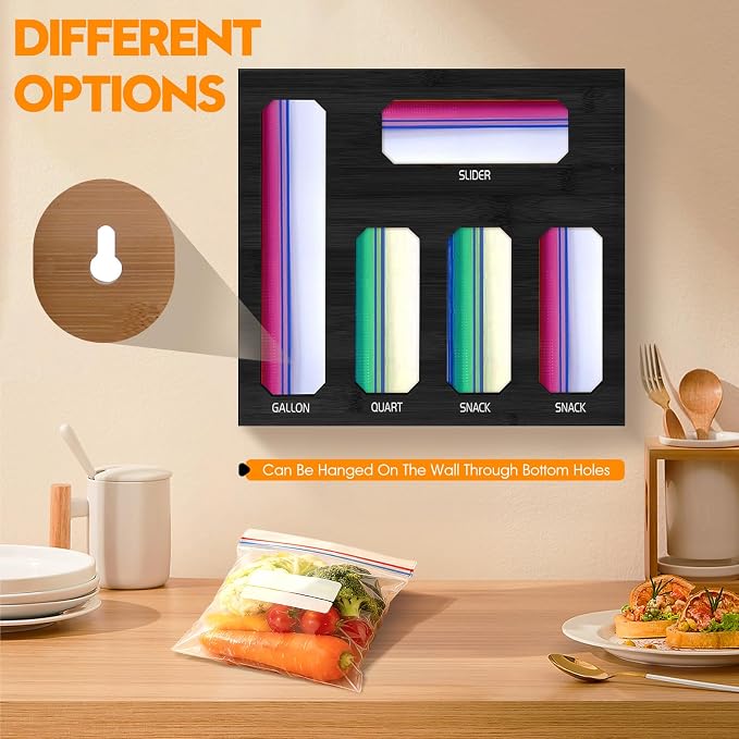 Bamboo Ziplock Bag Storage Organizer for Drawer -Black, 5 in 1 Baggie Organizer with 24 Labels - Fits Gallon, Quart, Sandwich & Snack Bags - Wall Mountable Kitchen Drawer Organizer
