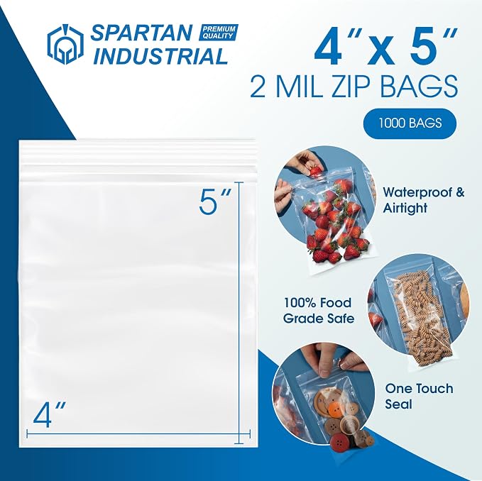 Spartan Industrial - 4” X 5” (1000 Count) 2 Mil Clear Reclosable Zip Plastic Poly Bags with Resealable Lock Seal Zipper