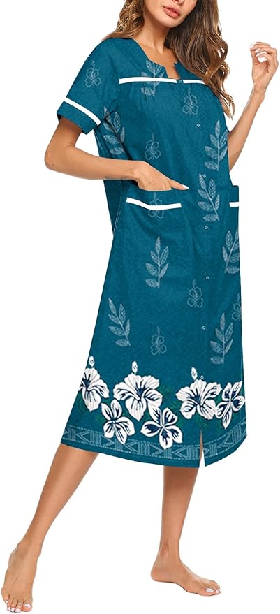 Ekouaer Womens Snap Front Dusters Cotton Housecoat Short Sleeve Nightgown House Dress With Pockets