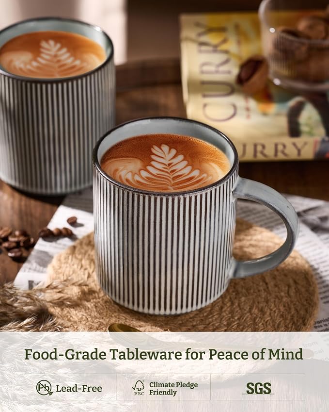 famiware Coffee Mug Set for 4, Star 16 oz Catering Mugs Cup Set with Handle for Coffee, Tea, Cocoa, Milk - Ceramic Stoneware Drinkware Set, Smoky Blue