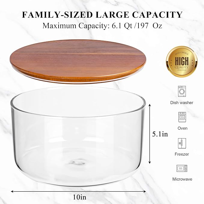 LOVYANXUE Glass Trifle Bowl with Acacia Wood Lid, 197 oz Large Glass Salad Bowl - Versatile Mixing and Serving Dish for Cake, Salad, Fruit, Baking, Dessert, Meal Prep, Storing, Microwave & Oven Safe