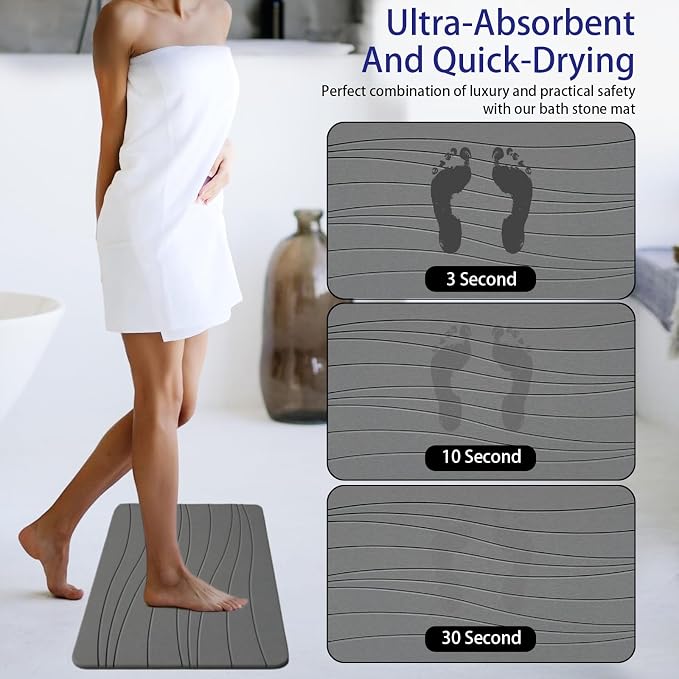 Fast Drying Stone Bath Mats for Bathroom, Non-Slip Diatomaceous Earth Bath Mat, Super Absorbent Bath Mat Stone (23.6''×15.4" Dark Gray Flow)
