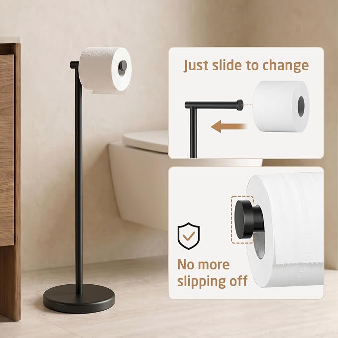 KES Black Toilet Paper Holder Stand with Weighted Base, 26" H (Taller Version) Free Standing Toilet Paper Roll Holder for Bathroom, Rustproof, BPH283S66-BK