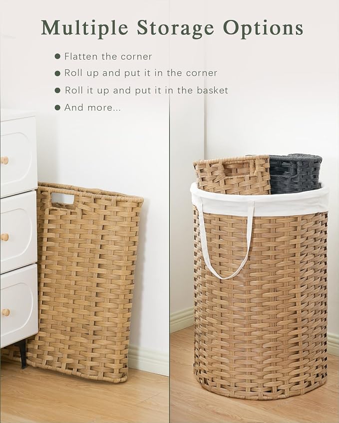SETVSON Laundry Hamper with Lid 23.8 Gal (90 L) PE Rattan, Natural | 90L 23.8 Gal Round PE Rattan Hamper with Lid, Removable Washable Liner Bag, 2 Mesh Wash Bags, Steel Frame, Handles