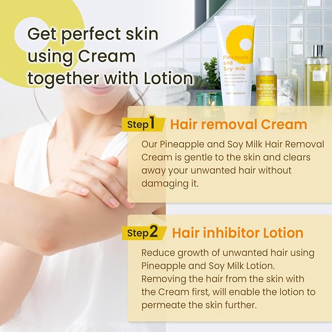 SUZUKI HERB LABORATORY Hair Removal Cream (8.1 OZ / 230g) and Premium Hair Minimizing Lotion (3.52 FL. OZ / 100mL) with Pineapple and Soymilk for Sensitive Skin, Made in Japan