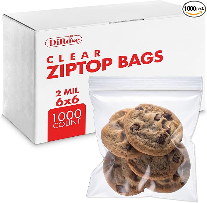 Dirose 6" x 6" Clear Reclosable Poly Bags – Pack of 1000, 2 Mil Thickness – Resealable Plastic Zip Bags for Snacks, Hardware, Arts & Crafts, and Storage