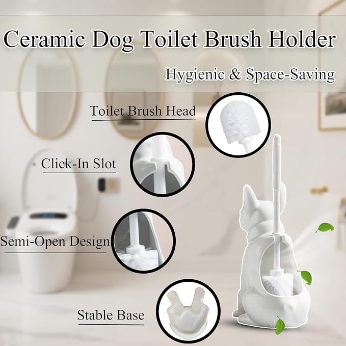 Ceramic French Bulldog Toilet Brush Holder – Cute Bathroom Decor with Hideaway Storage, Space-Saving Design, Premium Ceramic Dog Lover Gift, Includes 2 Durable Scrub Brushes (White)