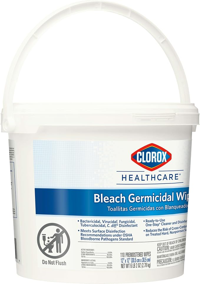 Clorox Healthcare Bleach Germicidal Wipes Bucket, 12" x 12", 110 Count Bucket (Package May Vary)