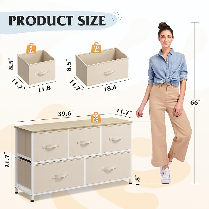 WLIVE Wide Dresser for Bedroom, 5 Drawer Chest of Drawers, Cream White | 5 roomy fabric drawers, Wide storage design, Bedroom or closet use, Sturdy steel frame, Smooth wood tabletop