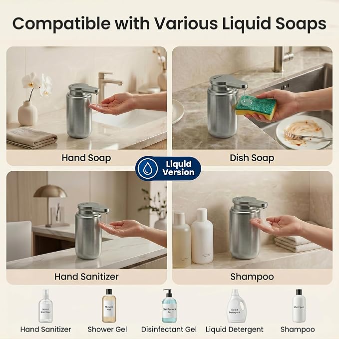 GentleJet WaveJet Automatic Liquid Soap Dispenser Touchless Sensor, USB-C Rechargeable, 304 Stainless Steel, IPX5 Waterproof for Bathroom Kitchen Sink, 10 oz / 300 ml
