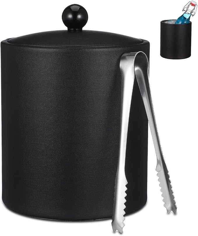 Ice Bucket with Lid & Tong - Insulated Stainless Steel Ice Bucket for Cocktail Bar & Parties - Black Double-Wall Wine Chiller with Strainer for Chilling Wine, Champagne & Beer - 5.5 x 5.5 x 7.3 inches