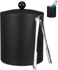 Ice Bucket with Lid & Tong - Insulated Stainless Steel Ice Bucket for Cocktail Bar & Parties - Black Double-Wall Wine Chiller with Strainer for Chilling Wine, Champagne & Beer - 5.5 x 5.5 x 7.3 inches